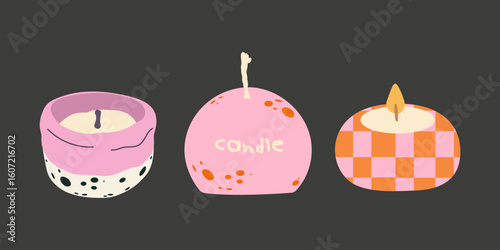 Decorative aromatic retro candles of various shapes for cozy interior. Vintage wax candles in cartoon groovy style. Relaxation and aromatherapy design elements. Hygge decor element