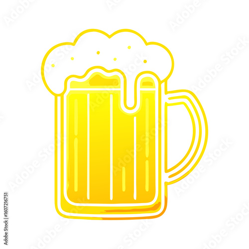 Golden beer mug with frothy head and bubbles