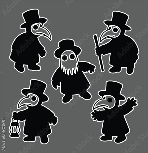 Black plague doctor figures with masks and hats vector