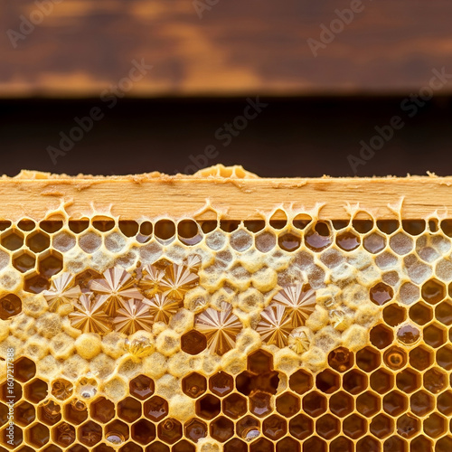 Close-up of Honeycomb with Crystallized Honey and Pollen Cells