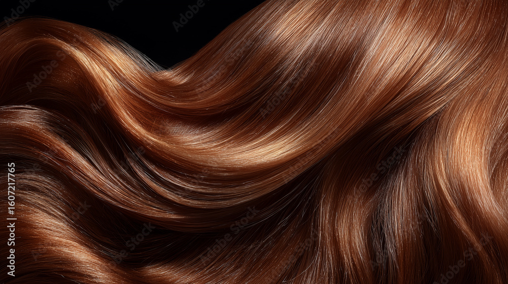 Naklejka premium ブラウンの髪の毛が横に流れるように広がるクローズアップ。ヘアスタイルや美容関連のデザインに適した素材。 