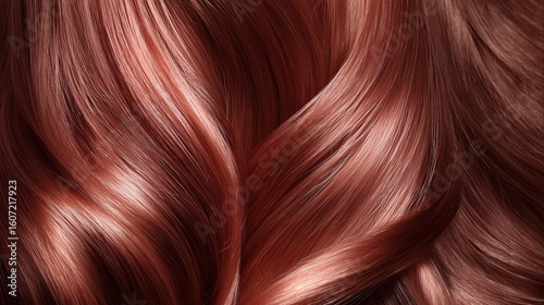 赤みのある艶やかな髪の毛をクローズアップで撮影したテクスチャ。美容やヘアケア関連のデザインに使える素材。
