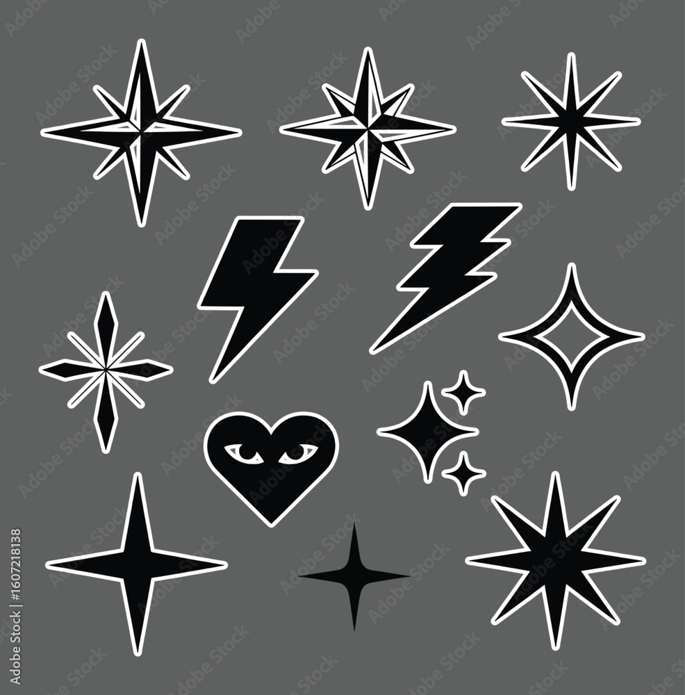Obraz premium Black starbursts lightning bolts heart symbol collection vector