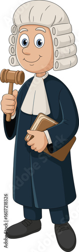 Cartoon judge character holding gavel and law book, wearing white wig and robe, legal profession illustration, cad drawing flat vector illustration cartoon