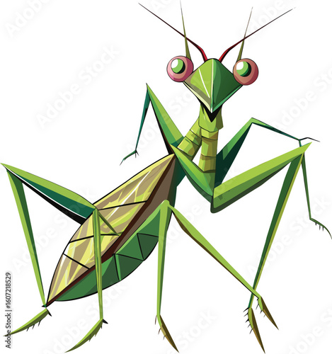 Detailed illustration of a green praying mantis insect