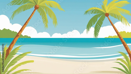 Cheerful Cartoon Illustration of a Tropical Beach with Palm Trees