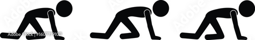 Silhouette figures crawling on ground, movement sequence, isolated icons on white background, crawling posture, pictogram concept, human crawl motion, vector flat illustration design