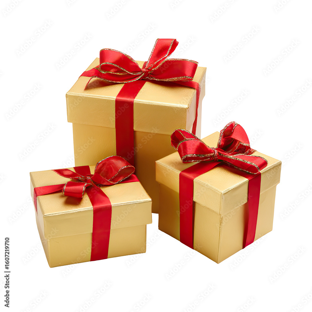 Fototapeta premium Three golden gift boxes with red ribbons (1)