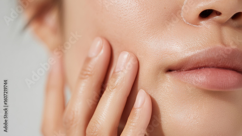女性の口元と頬をクローズアップで撮影した美肌イメージ。スキンケアや美容関連のビジュアルに適した素材。
