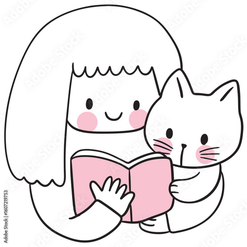 Cartoon Girl Reading with Cat Illustration