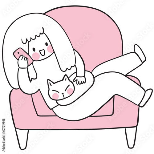 Illustration of Woman Talking on Phone with Cat