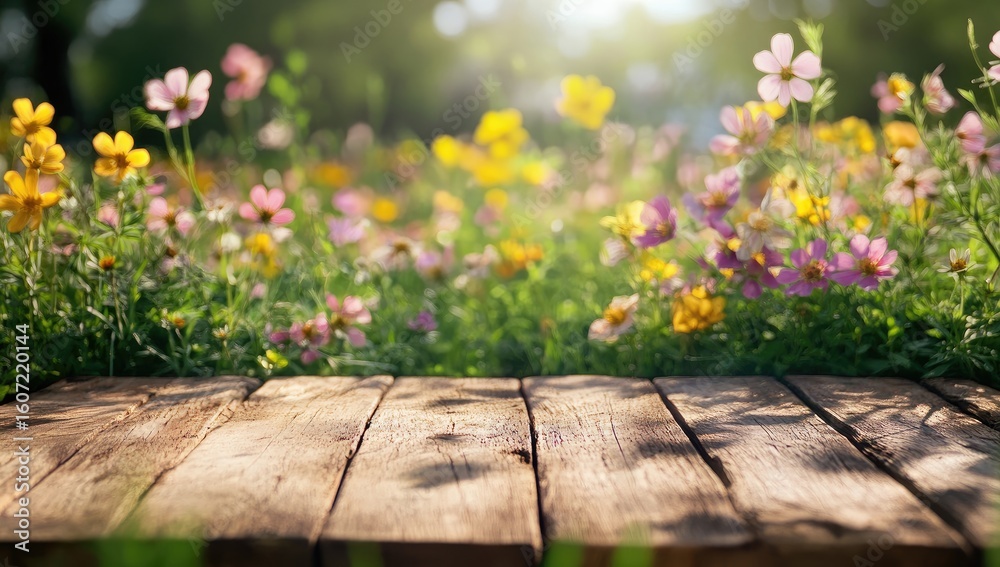 Fototapeta premium Rustic wooden planks set against a vibrant flower field bathed in sunlight