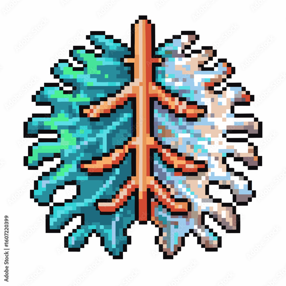 Fototapeta premium Pixel art brain in blue and white halves split by orange spine, symbolizing duality, intelligence, technology, mental health
