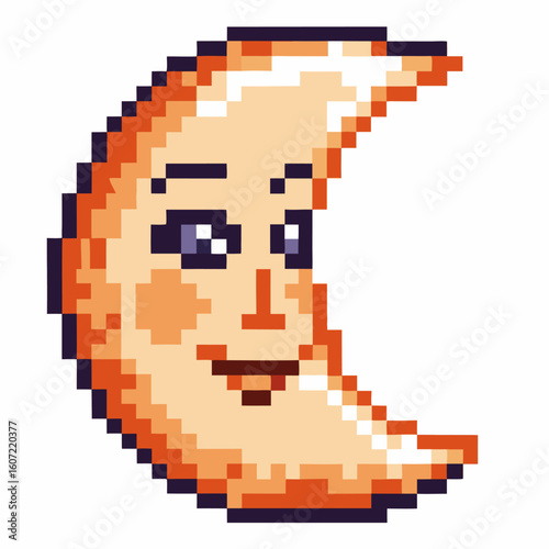 Smiling crescent moon in pixel art cute retro night sky celestial face character, 8 bit nostalgic fantasy illustration
