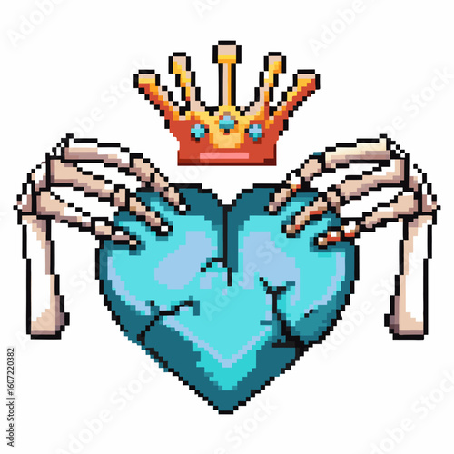 Crowned skeleton hands holding cracked blue heart pixel art style, digital fantasy love, royalty, gothic emotional symbol