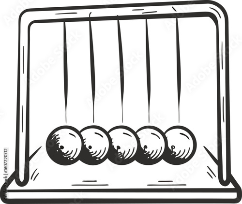 Newton's cradle desk toy with swinging metal balls illustrating physics, motion, momentum, energy transfer and balance concept