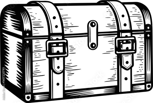 Vintage wooden treasure chest with metal straps and secure lock antique pirate box, detailed hand drawn illustration, isolated