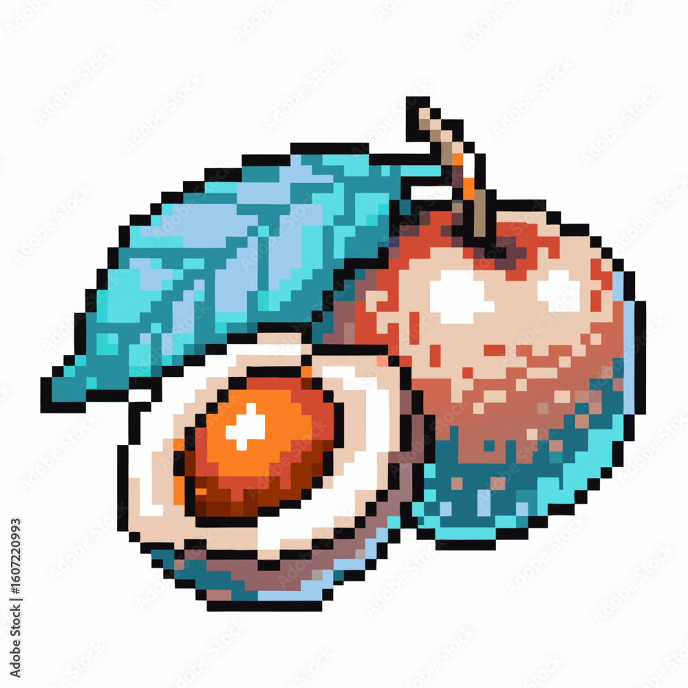 Fototapeta premium Pixel art plum fruit with green leaf and pit retro digital style, sweet summer food, whole and halved plums illustration