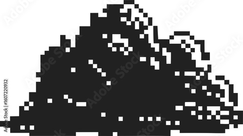 Black pixelated cloud silhouette abstract retro shape, digital weather symbol, minimalist thunderstorm element isolated