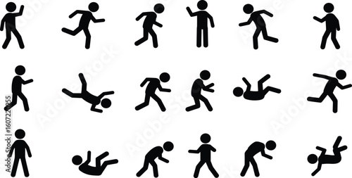 Stick figure falling down, slipping accident, injury icons, walking running danger, warning symbols, hazard people pictogram, safety alert, human figure motion illustration
