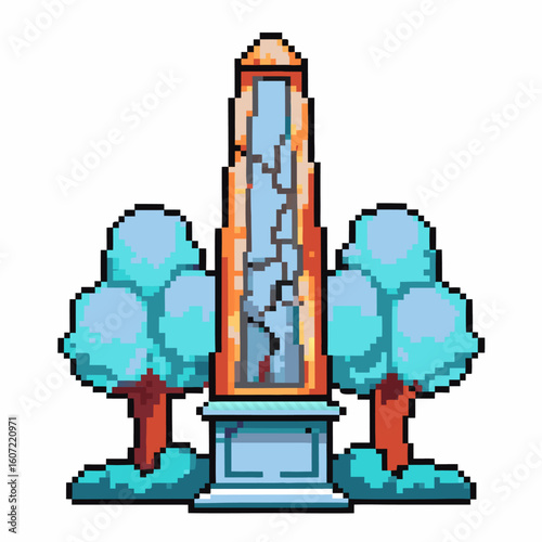 Pixel art ancient obelisk monument with cracked surface and marble base, surrounded by stylized blue green trees