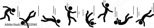 Stick figure falling sequence illustration, person falling down, cartoon fall pose, danger accident slip trip fall, black silhouette falling figure, motion injury icon