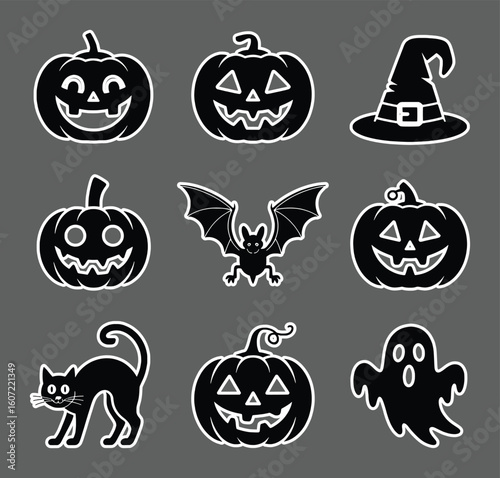 Halloween icons featuring pumpkins bats cat witch hat and ghost vector silhouette