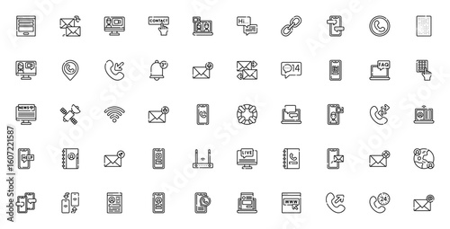 Contacts communication icon set. Minimal vector icons pack. Includes mail, reply, chat, call, video call, QR code, wifi, social media, contact book and more. Editable stroke.