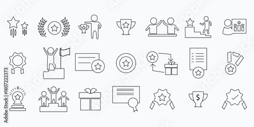 Reward icon set. Containing award, prize, medal, gift, trophy, badge, points, achievement and more. line icons vector