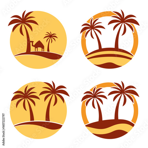 Desert oasis palm trees and camel sand dunes