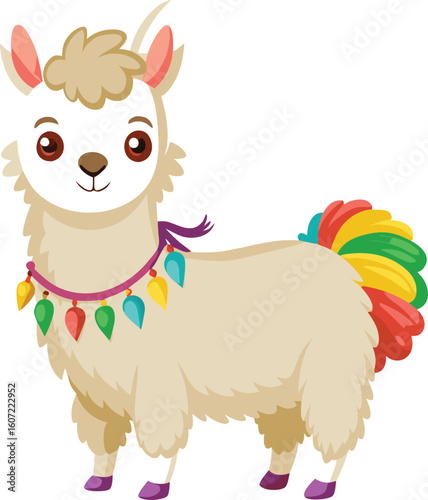 Cute festive llama with rainbow tail and colorful garland