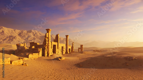 Fototapeta Naklejka Na Ścianę i Meble -  Majestic ancient stone ruins with towering columns set against golden desert mountains under a vivid purple and orange sunset sky.

