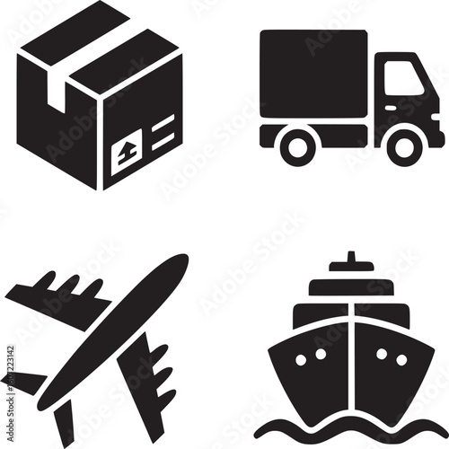 Delivery and logistics services: box, truck, airplane, and ship icons for global transportation