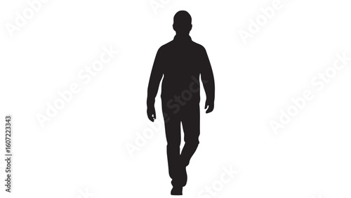 Silhouette of a man walking towards the viewer, full body shot on a white background