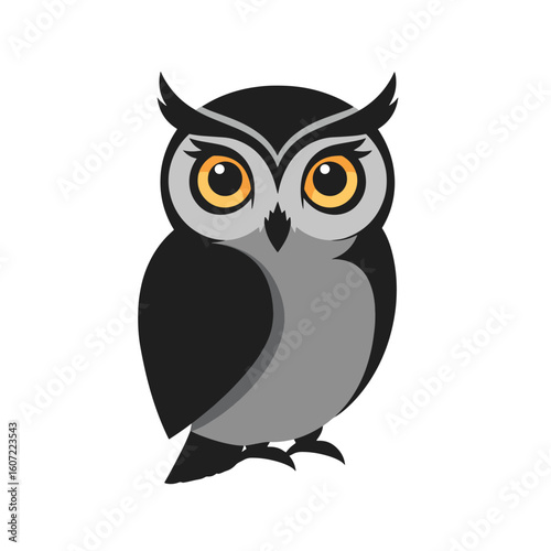 Stylized illustration of a dark gray owl with bright yellow eyes, standing upright against a white background.