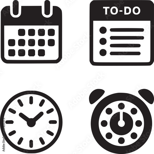Time management icons set: calendar, to do list, clock, and alarm clock for productivity and planning