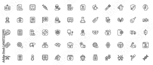 Health Care icon set. Medical vector illustration. Includes symbols for doctor, syringe, pills, ECG monitor, vaccination, stethoscope, ambulance, coronavirus, sanitizer and more. Editable stroke.