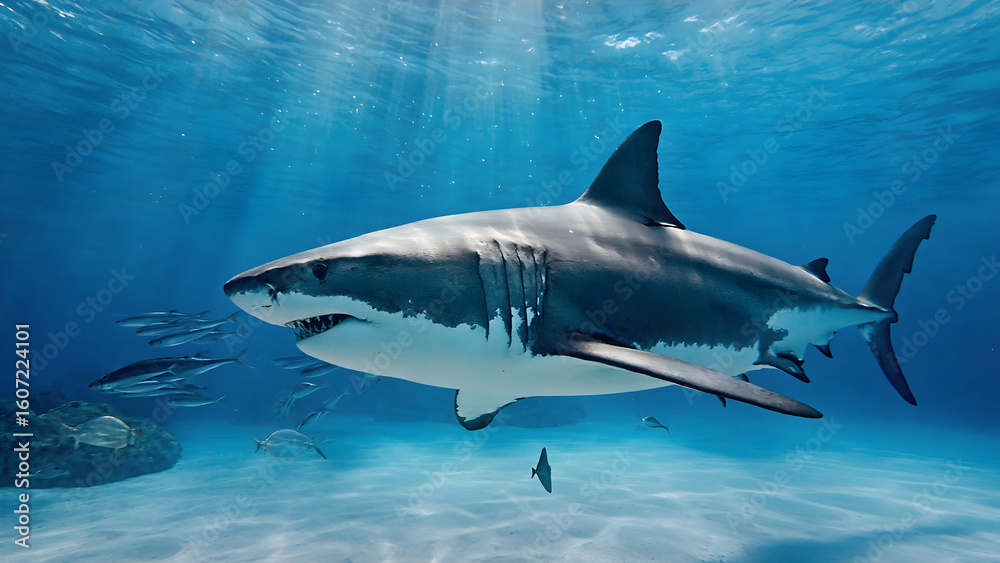 Fototapeta premium Magnificent great white shark swimming gracefully through crystal clear blue ocean waters with sunlight rays