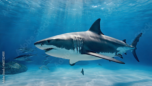 Wallpaper Mural Magnificent great white shark swimming gracefully through crystal clear blue ocean waters with sunlight rays Torontodigital.ca