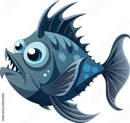 Fierce cartoon piranha fish with sharp teeth and big eyes