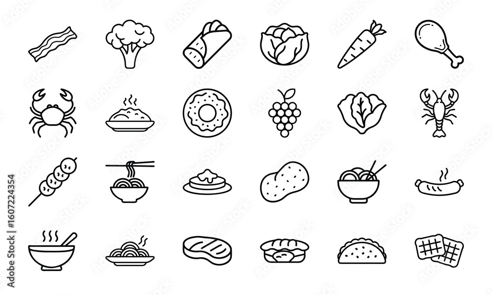 Fototapeta premium Line Art Food Icon Bundle – Bacon, Broccoli, Tacos, Cabbage, Carrot, Drumstick, Seafood, Fruits, Asian Noodles, Pancakes, Donuts, Lettuce, and Snack Outline Collection