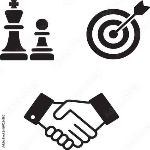 Business strategy and partnership icon set: chess pieces, target, handshake vector illustration