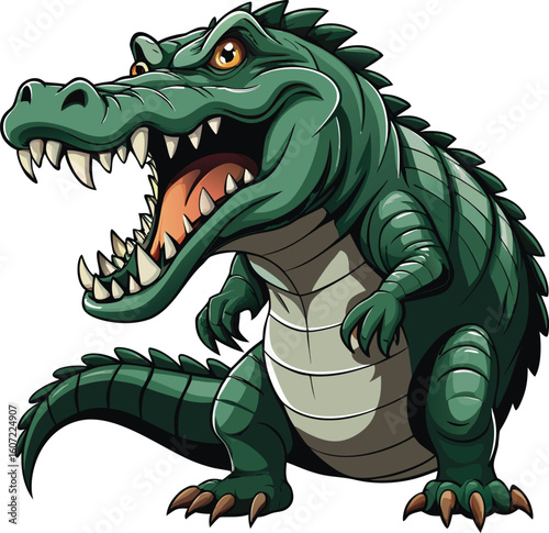 Fierce green alligator roaring with mouth wide open