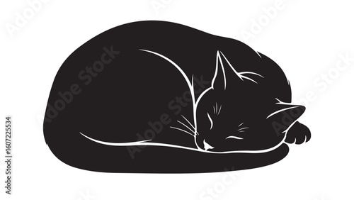 Sleeping cat, black silhouette of curled up cat, domestic animal vector illustration