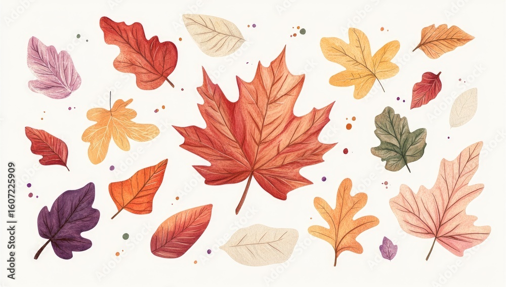 Fototapeta premium Autumn leaves in various shades of red, orange, yellow, and purple, scattered on a white background with small specks of color
