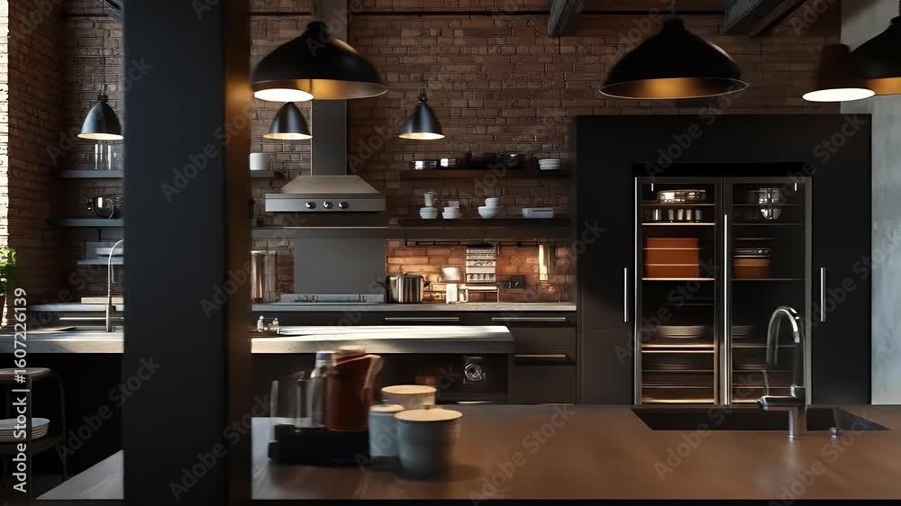 Industrial kitchen with dark cabinets and open shelving