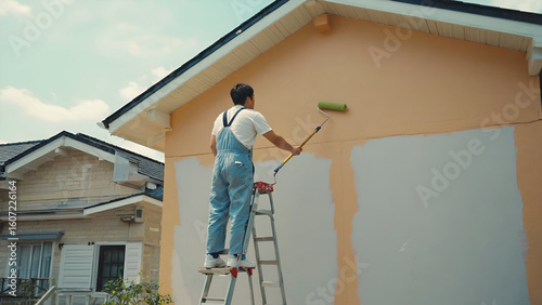 Worker in overalls painting house exterior on tall ladder during sunny day, using roller brush for fresh home renovation project.

