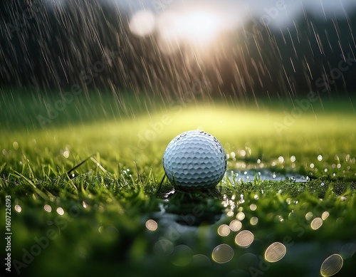 a golf ball lies in the rain on an rainy green