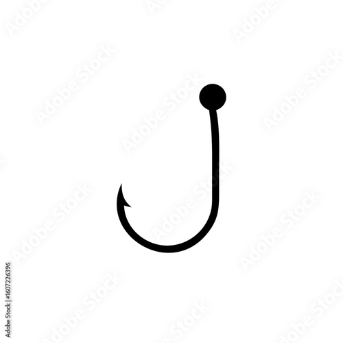 A minimalist black fishing hook design, isolated on white background
