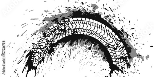 Tire tread marks, wheel textures, tire marks - car racing, motocross, drift, rally, off-road and others. Vector black isolated texture in grunge style with splashes.eps10